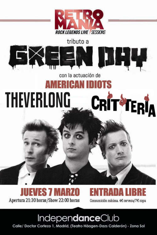 La noche comenzara este jueves 7 de marzo a las 22h con el concierto tributo a Green Day que realizaran los chicos de American Idiot. Continuaremos con el concierto de los chicos de Theverlong desde Mallorca.Despues de los directos, Estaremos bailando con vosotros hasta las 06h de la mañana con una gran sesion que te hemos preparado. Repasaremos la historia del Punk Rock. Recibiremos a los Critteria Djs que compartiran cabina con los incombustibles Independance Djs.Bailaremos desde: Sex Pistols, The Clash, Iggy Pop, Green Day, The Exploited, New York Dolls, Adicts, Fugazi, Rage Against the Machine, Nofx, Blink 182, Offspring, etc&#8230;etc&#8230;.. Pero esto no es todo. No faltaran los mejores clasicos del rock de la historia. No te lo pierdas. Sera temazo tras temazo.Entrada gratis para tí y tus acompañantes (copa gratis apra los 200 primeros en reservar) aquí: http://www.independanceclub.com/listapuerta.phpEvento Facebook: http://www.facebook.com/events/357819027665780