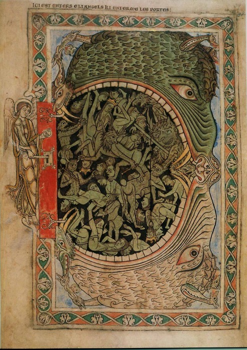 The Hellmouth (entrance to Hell) being locked by an Archangel.of the Winchester Psalter, England, 12th Cent.