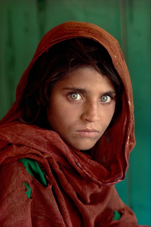 Afghan Girl by Steve McCurry
Sharbat Gula (born ca. 1972) is an Afghan woman who was the subject of a famous photograph by journalist Steve McCurry. Gula was living as a refugee in Pakistan during the time of the Soviet occupation of Afghanistan when she was photographed. The image brought her recognition when it was featured on the cover of the June 1985 issue of National Geographic Magazine at a time when she was approximately 12 years old.