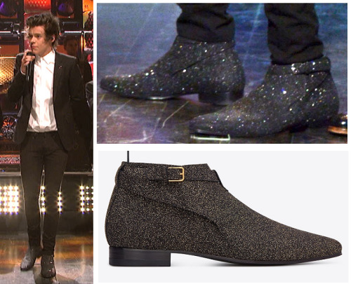 I absolutely adore these sparkly boots Harry wore on the boy&#8217;s appearance on SNL (December 2013) p.s sorry if these have already been posted on other blogs, bit behind ya&#8217;know. 
Saint Laurent - £600