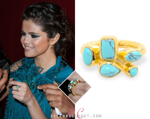 Selena Gomez dazzled in all blue at the Paris premiere of Spring Breakers accessorizing with a Melinda Maria Colleen Cluster Ring in color Gold/Turquoise. It&#8217;s currently on sale for $70.00. <br /> Buy it HERE <br /> This ring accessorized her Gucci dress and Jimmy Choo sandals.