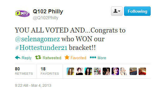 
@Q102Philly: YOU ALL VOTED AND&#8230;Congrats to @selenagomez who WON our #Hottestunder21 bracket!!
