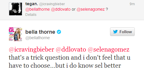 @bellathorne: @icravingbieber @ddlovato @selenagomez that’s a trick question and i don’t feel that u have to choose…but i do know sel better