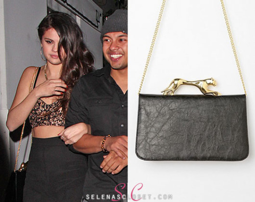 Selena Gomez was spotted out with friends last night carrying this Deena &amp; Ozzy Jaguar Grip Crossbody bag from Urban Outfitters. Its currently available for $49. <br /> Buy it HERE <br /> She&#8217;s also wearing a Motel Bernice top and Nom de Plume skirt