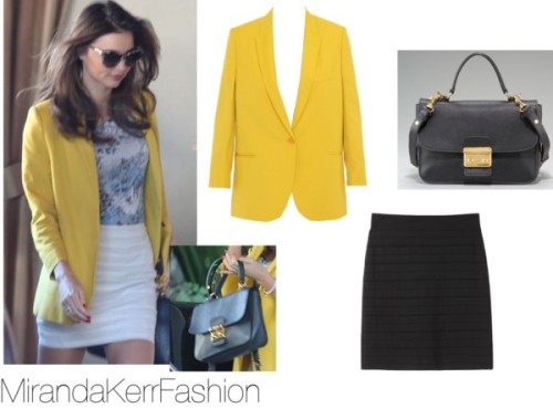 Miranda wore this sold-out stella mccartney blazer with this rag &amp; bone majorca skirt in white, &amp; this miu miu bag. The shirt looks similar to several dresses from erdem (here), will update if I find the exact top :) 