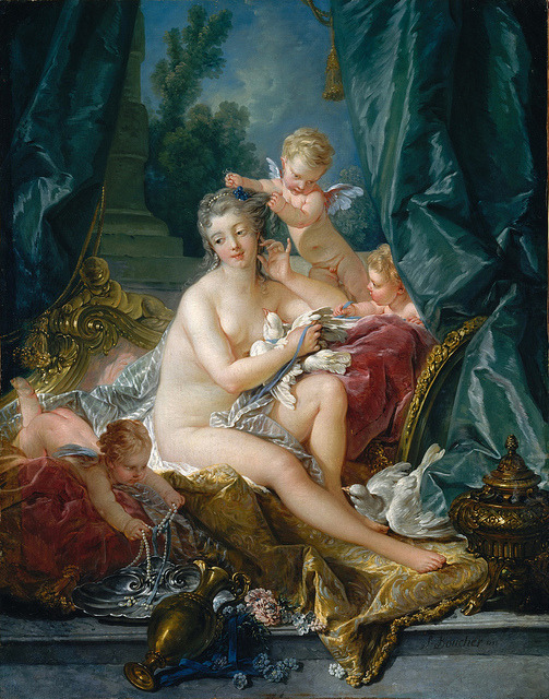 gandalf1202:

Fran?ois Boucher - The Toilet of Venus [1751] on Flickr.
Madame de Pompadour, the mistress of Louis XV, greatly admired Boucher and was his patroness from 1747 until her death in 1764. This famous work is one of a pair that she commissioned for the dressing room at Bellevue, her ch?teau near Paris. In 1750 she had acted the title role in a play, staged at Versailles, called The Toilet of Venus, and while this is not a portrait, a flattering allusion may well have been intended. The bodies of the goddess of love and her cupids are soft, supple, and blond. The carved and gilded rococo sofa, the silk, velvet, and gold damask drapery, and the incense burner are heavy and elaborate enough for the Victorian era. It seems quite reasonable that this picture would have appealed to millionaire William K. Vanderbilt, who bought it in the late nineteenth century. [Metropolitan Museum of Art, New York - Oil on canvas, 108.3 x 85.1 cm]