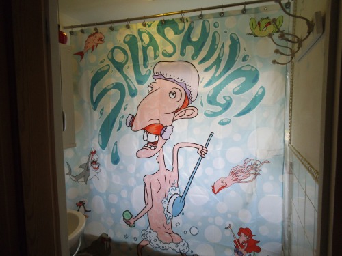 I got a new shower curtain for Christmas. It&#8217;s from my friend Brütaloo Mod.Look at it.I have a very small bathroom as you can see, so it really fills the space.It might take you a while to take it all in.I mean.Just look at it. 