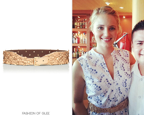 Dianna Agron stays at Capella Ixtapa, Guerrero, February, 2013 Holidaying in Mexico with a group of friends, Dianna snapped a pic wearing this pretty belt from Tory Burch. Tory Burch Flower Embellished Belt - $250.00 Worn with: Dana Rebecca Designs necklace, Tory Burch dress