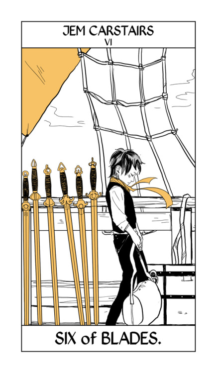 JEM MY BABY.I love Cassandra Jean&#8217;s art because she&#8217;s so good at capturing character. More in her Shadowhunter Tarot, the six of sword (blades) can mean a long journey, so here is Jem on the way from Shanghai to England.Cassandra Jean answers questions about the Shadowhunter Tarot (who decides who goes on the cards, who is going to be on which card, whether they&#8217;re for sale) here.)