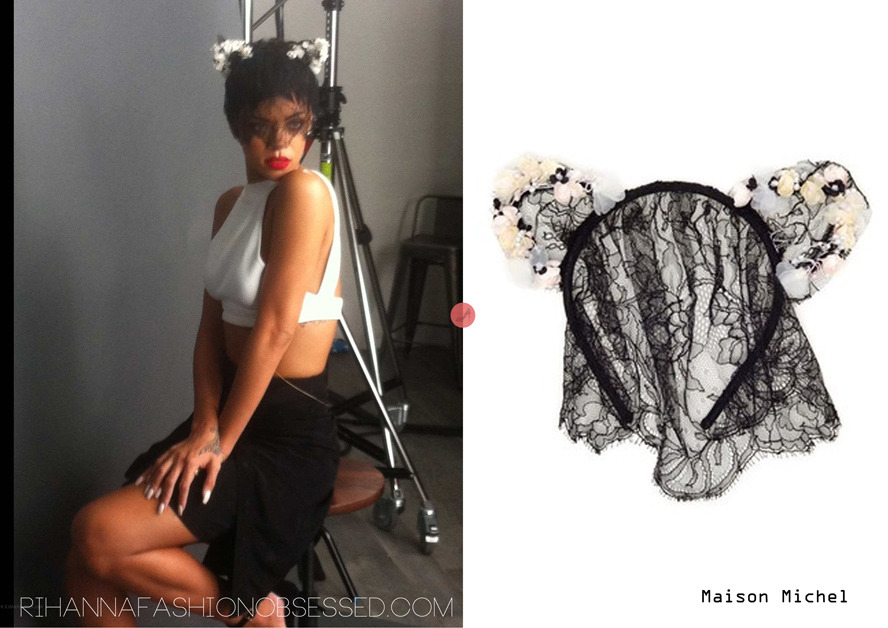 Behind the scenes with ELLE UK: Rihanna wearing a cute pair of Maison Michel&#8217;s (owned by fashion house Chanel) cat ears headband with a laced detailed veil, black and white flower embellishments. This is from the Spring/Summer collection. To learn more about Maison Michel and the collection, click HERE. 
Two years ago Rihanna wore a pair of laced bunny ears by the same Paris based brand HERE.
Here&#8217;s a tutorial by Aimee from swellmayde.com on how to make your own pair of laced bunny ears.
** Skirt from her collection with River Island 
 