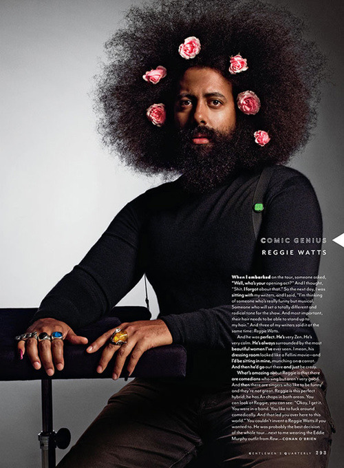 Reggie Watts with flowers in beard