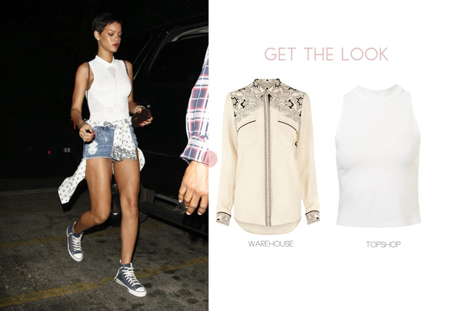 GET THE LOOK: In response to our reader we&#8217;ve managed to find an almost replica of the Alexander Wang and Pierre Balmain blouse Rihanna wore in LA posted 3 months ago.
1. Western print blouse - Warehouse $32.00 
2. Skinny polo crop top - Topshop $20.00
