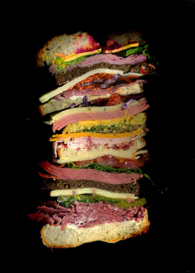 Homemade: “The Dagwood” Pastrami, Roast Beef, Peppered Turkey, Honey Ham, Bologna, Cotto Salami, Provolone, American Cheese, Cheese Whiz, Swis, Pepper Jack, Muenster, Cheddar, Alfalfa Sprouts, Tarragon, Pickles, Red Cabbage, Horseradish with Beets, Mayo, Mustard, Sun Dried Tomatoes, Fresh Tomatoes, Lettuce, Baby Lettuce, Shredded Carrots, Purple Onion, Bacon Bits, on an Onion Roll, White Bread, Dark German Wheat Bread, and Potato Bread. Made and Scanned during the Universal Record Database’s URDB Live event at Crash Mansion.
