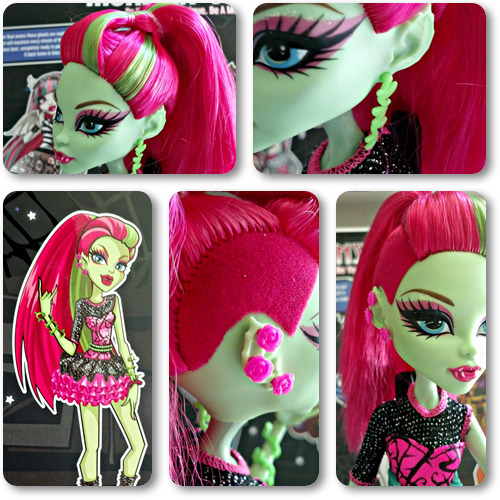 monster-everafter-high-girls:

Venus has bright pink lipstick and eyeshadow - with some glitter just below her brow. She also has a leaf earring as usual, but also pink roses as well. Her hair isn’t nearly as long as the boxart would have you believe, it stops just past her shoulders.
