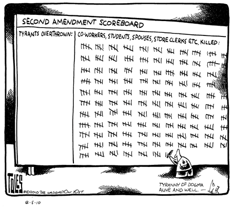 Second Amendment Scorecard:  Tyrants overthrown = 0; Innocents killed = scores.