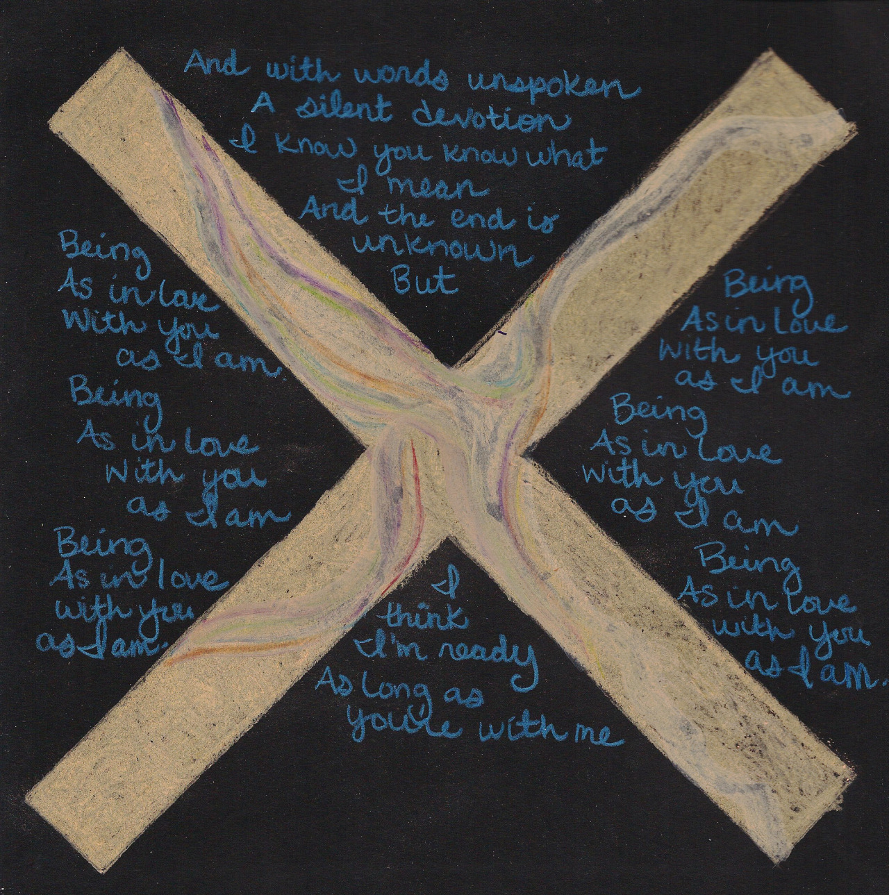 foxyknowledgeseeker:I made this little guy for Bobby because you know, I love him and whatnot.Colored pencil/water color on black drawing paper. Lyrics from The xx’s song Angels.