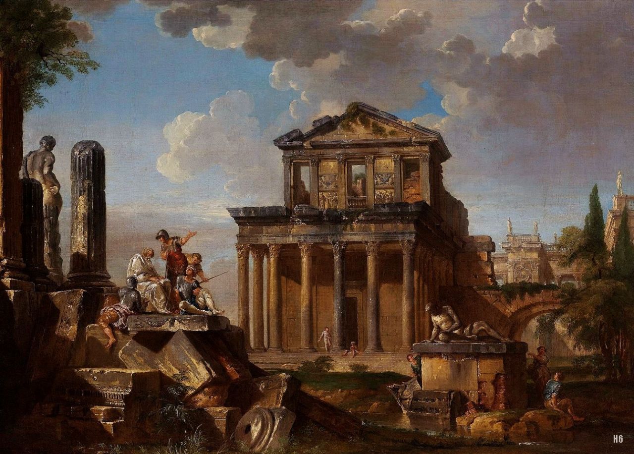 Capriccio with the Temple of the Divine Pius and Faustina. studio of Giovanni Paolo Panini. Italian.1691-1765. oil /canvas.
http://hadrian6.tumblr.com