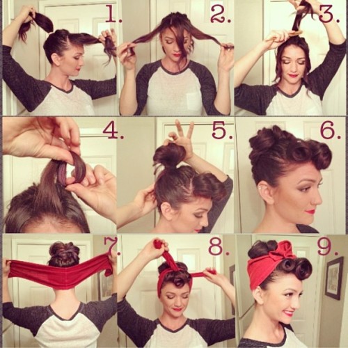 getwiththe40s:

It’s my favorite day of the week… TUTORIAL TUESDAY!!!!! Make sure you read ALLLLL the directions. Here’s the step-by-step for this week’s Vintage Valentine look: _ 1) place hair in a high ponytail, leaving out the area where your bangs would be 2) separate bang area into three subsections 3) tease each subsection at the base near the scalp 4) roll each subsection to create a “victory roll” and secure with bobby pins (make sure to hide the pins!) 5) place ponytail into a loop bun (similar to how most girls would to go work out or wash their face) 6) pin down the bun however you’d like, making sure the hair looks full 7) take bandana or head tie and place it at the base of the back of your head 8) bring sides of the bandana/ head tie up to the front and tie in a knot 9) make any adjustments you need and you’re finished! by heidimariegarrett http://instagr.am/p/VoqLaRmVB8/
