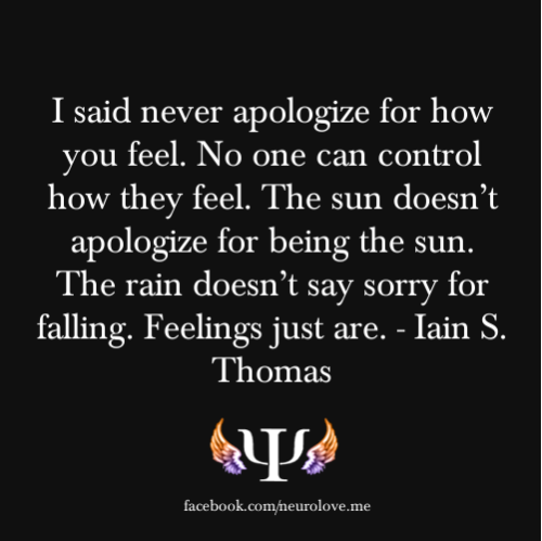 I said never apologize for how you feel. No one can control how they feel. The sun doesn’t apologize for being the sun. The rain doesn’t say sorry for falling. Feelings just are. - Iain S. Thomas