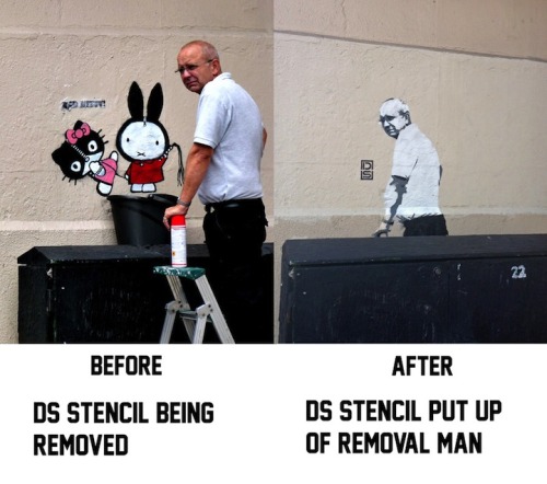 Street artist DS turns man removing graffiti into a new work of street art.