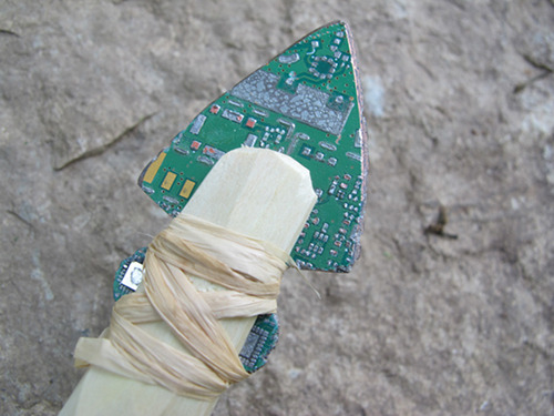 Spear made with chiselled circuit board as spearhead.