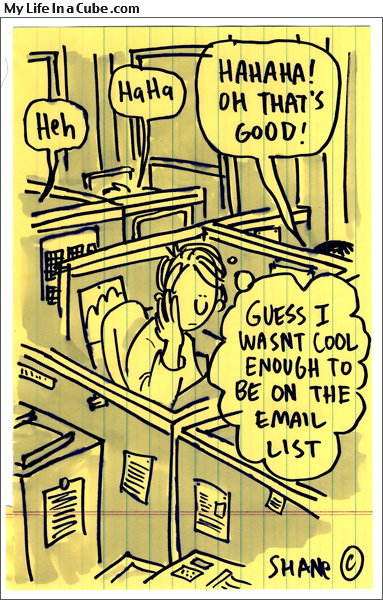 cartoon strip on yellow paper, depicting an office worker in a cubicle