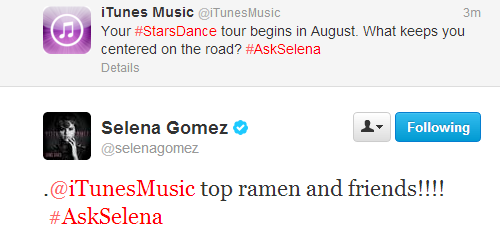 @selenagomez:.@iTunesMusic top ramen and friends!!!! #AskSelena