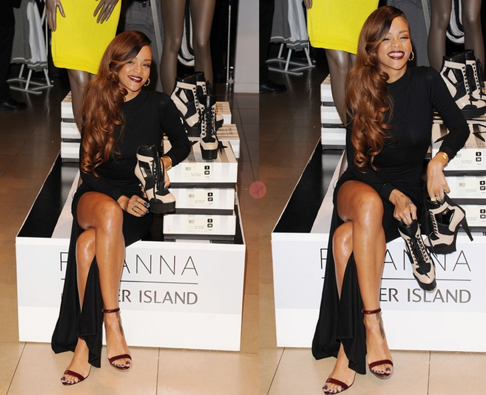 Wearing her own design with River Island. Rihanna was spotted at her official launch in Oxford Street, London. 
Only three hours to go till Rihanna for River Island launches online!