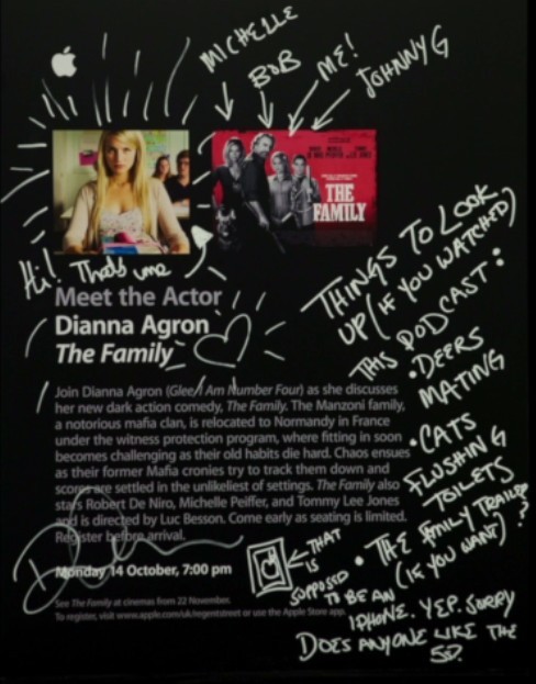
Dianna’s signed card at the end of the Apple Store podcast: Meet The Actor. 
