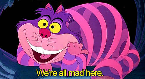 Image result for we're all crazy here cheshire cat gif