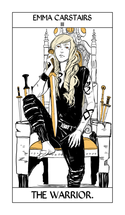 More of Cassandra Jean&#8217;s Shadowhunter Tarot! (I asked her to do the TDA characters first, so the cards aren&#8217;t in order.) Emma, the Warrior, matches the Empress card. That&#8217;s right, my baby, you look tough.
Julian is here.