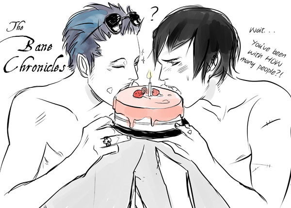 Magnus and Alec from The Mortal Instruments by @CassieClare celebrating Magnus&#8217; own serialization! Or sort of celebrating. Best not let Alec read the book.
Why are they shirtless? Well maybe they&#8217;re eating cake naked you ever think of that? I see no problem here.