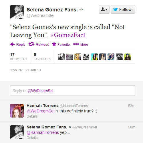 #Rumorhasit: Selena Gomez&#8217;s new single is called &#8220;Not Leaving You&#8221;. 