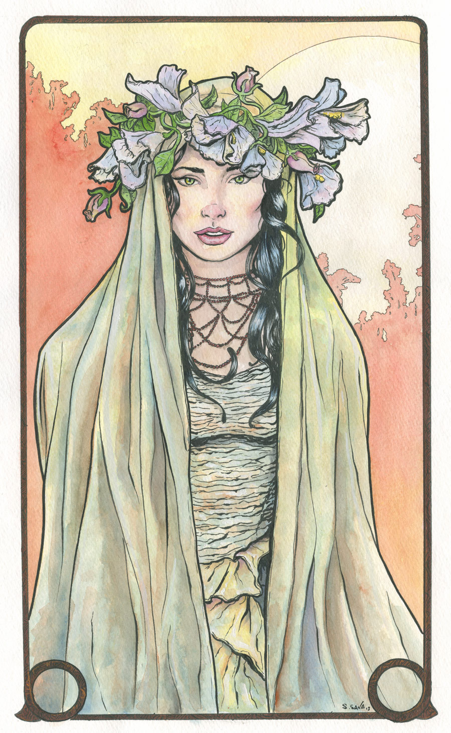 This is the 15th Art Nouveau/Alphonse Mucha inspired watercolor painting in a series I’m producing.The painting is on 12x18 inch Strathmore Cold Press watercolor paper. Done in watercolors and ink.Photo reference/inspiration from here…http://emilysoto.deviantart.com/art/Emily-Soto-OC-Workshop-360209698?q=gallery%3Aemilysoto%2F29354393&amp;qo=20Original paintings can be purchased here…http://www.etsy.com/shop/ScottChristianSava?section_id=11821287and Limited Edition Prints can be purchased here…http://www.etsy.com/shop/ScottChristianSava?section_id=11821297Thanks for looking!Scott