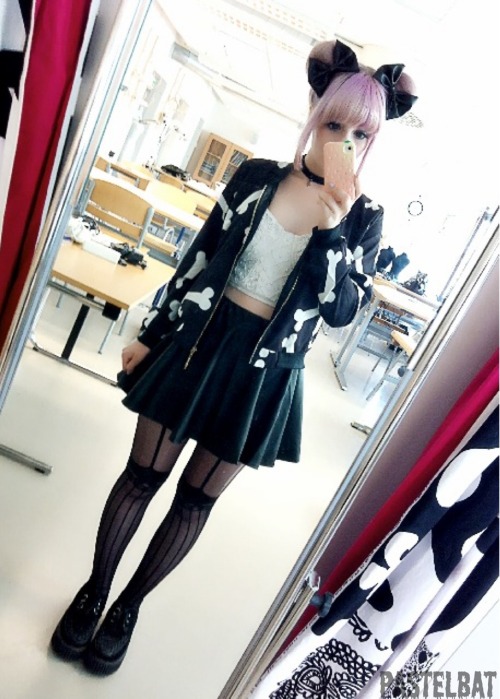 Outfit of today :3&#160;bone jacket and the skirt is from sheinside (｀・ω・´)”
