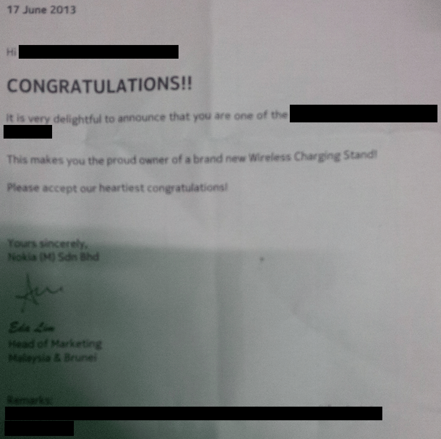 Malaysia Nokia Wireless Charging Stand DT-910 Authenticity Letter