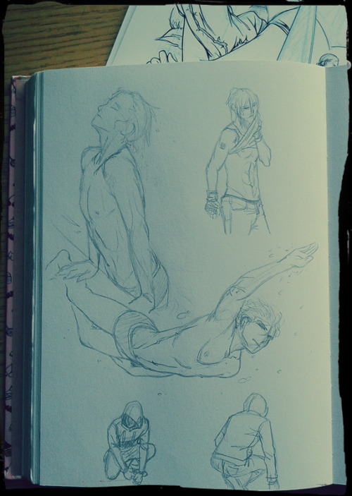 Some sketching between inking manga pages.Yes, the FREE! virus definitely got me. X&#8217;DMan&#8230; I&#8217;m already through 3/4 of my sketchbook. That&#8217;s a first for a sketchbook without university assignments! I need to ask my editor to send me some new ones. (No, it&#8217;s not what you think. XD I usually don&#8217;t get drawing material from my publisher. But they have these really cool blank books from an old subscription thingy for one of their magazines - which in fact isn&#8217;t existing anymore. So they have some of those lying around still and the paper is just soooooo good for sketching!❤)