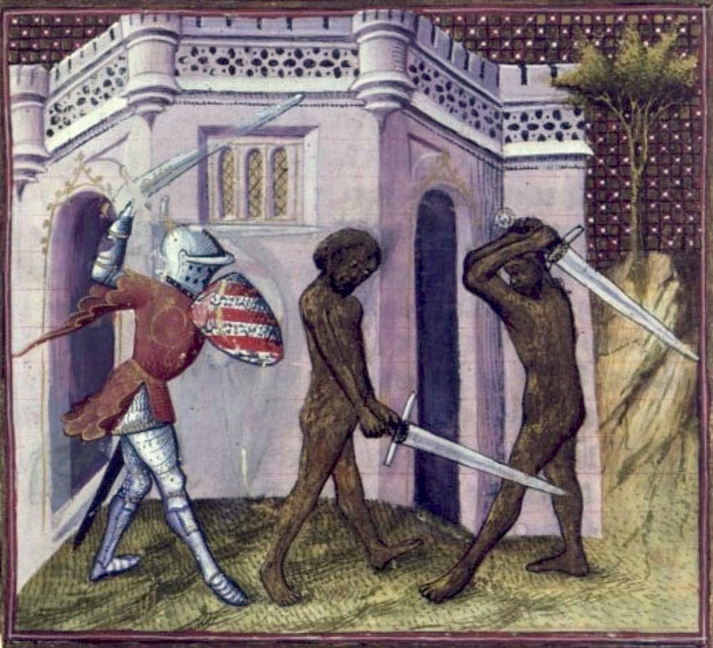 medievalpoc:

BNF Français 118: Lancelot du Lac
f. 200v
France (c. 1400-1425)
Vellum Codex
Bibliothèque Nationale
I’m having a hard time figuring out why these two naked men are fighting with swords, so if any of you Arthurian fans out there can explain, I’d be happy to know.
[x]

OMG I WORKED ON THIS MANUSCRIPT FOR MY PhD WOOOO I CAN BE USEFUL. That said I was looking mostly at the pretty clothes and heraldry, but ahem. The Mandragore database (part of the BNF) describes this as &#8220;Combat de Lancelot et des automates&#8221;, which, yeah, is (according to whoever titled it) Lancelot vs. Medieval Robots. But I don&#8217;t want to stop just there.
But first, some background on why this is going to be difficult and annoy me. The story is the Lancelot-Graal cycle, aka the Vulgate Cycle, aka the Prose Lancelot, aka holy cow this thing is long the only full English translation is like 5 volumes minimum. BUT This image is one folio (page leaf) after Lancelot hanging out at the Dolorous Guard, so it&#8217;s around that point in the story, and I managed to find a googleBooks scan of this section of the Vulgate (which is entitled &#8220;Lancelot du Lac&#8221;). Yay! It looks like they&#8217;re supposed to be the &#8220;two knights cast in copper&#8221; [x]. Which explains their colour, but does not explain why the fellow on the left seems to have curly hair (which, if he&#8217;s meant to be a knight, would be weird, since that wasn&#8217;t fashionable at the time, and illuminators almost always dressed knights in fashion, even if they were antagonists, unless they were in hermit-mode or there was a very specific narrative reason). It doesn&#8217;t explain why the guy on the right has black/sub-Saharan features (the artists were very good at drawing faces in this manuscript). And it certainly doesn&#8217;t explain why they&#8217;re naked.
I wish I had the Middle French edition of this, because I want to see whether the only translation possible is &#8220;cast in copper&#8221;, or whether it could also be translated as &#8220;the colour of copper&#8221;. Because the narrative doesn&#8217;t seem to indicate they&#8217;re &#8216;automatons&#8217; (even though Lancelot vs the Robots is hilarious), but is rather an extrapolation from the text. Certainly the illumination supports this!
Edit because just saw ginnabean's comment from her prof: Hm. The modern French translation has &#8220;sculptés en cuivre&#8221;, but I&#8217;d still really like to see the Middle French&#8230;
Re: Other comments on this post: 
It&#8217;s definitely much too early in the manuscript (which is actually four volumes, BNF Fr. 117-120) for Lancelot to be dying.  Lancelot being killed by Moors/Turks I know happens in Le Morte Darthur, which is a liberal English compilation of various Arthurian bits and pieces. Do you know if it occurs in the Vulgate? These MSs also have a really distinct way of depicting people from &#8220;the east&#8221;: this picture makes it REALLY CLEAR who&#8217;s the &#8220;other&#8221;.
The &#8220;ghost sword&#8221; on the left is a result of this manuscript having been re/over-painted. They were originally finished around 1404 (as we&#8217;ve a record of the manuscripts being bought in 1405), but another owner had them updated/retouched in 1460. This included changing faces, hands, poses, clothes, and backgrounds. It&#8217;s really most obvious in this illumination, where the overpainted &#8220;natural&#8221; background is damaged and reveals the original patterned background (and a horse&#8217;s bum).
For medievalpoc: This got me to go back through my files of this manuscript! Groadain in folio 223v definitely looks like he&#8217;s supposed to be PoC (I think particularly interesting because he&#8217;s a dwarf). F. 250 has a darker-skinned king, which I can&#8217;t track down in an easily-linkable form but could upload. And now I want to dig through the manuscripts I used during PhD properly to see what else I missed. I do remember, there was some reeeeally interesting use of clothing in some of them to &#8220;other&#8221; enemy combatants who physically didn&#8217;t look much different from the knights.

P.P.S. sorry everyone if this went too academic-speak. Or short-handy. I&#8217;m trying to write this really quickly before heading to sleep and so I may have been jargony without realizing it.