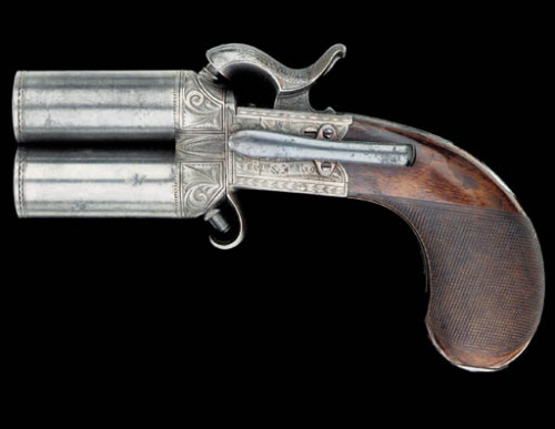 ratak-monodosico:

A very small 19th century Irish 2 shot percussion boxlock pistol.
Sold by Christies for $7,000
