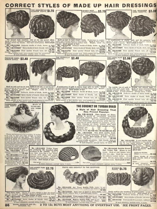 weirdvintage:

Hair Pieces, Fall 1910 Sears Catalogue

Ye olde sock buns.