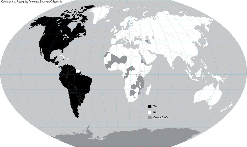 Map of what countries give automatic citizenship to anyone born there. A clear divide between the New and Old World. [1,190 x 709]CLICK HERE FOR MORE MAPS!thelandofmaps.tumblr.com