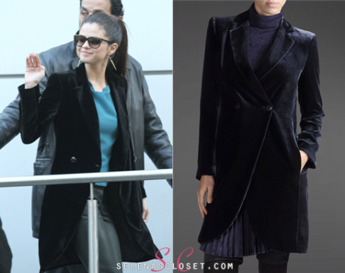 Selena Gomez waved to fans while entering the NRJ studios in Paris the other day. She wore an Emporio Armani Double-Breasted Velvet Coat, which is on sale in color Dark Blue for $639.00. <br /> Buy it HERE <br /> Thanks citruswaves! <br /> She also wore Pearl Collective earrings, A.L.C pants and Casadei pumps. We&#8217;re still looking for the rest of the outfit.