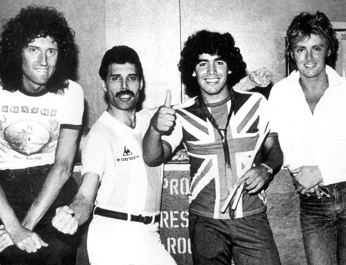 Brian May, Freddie Mercury, Diego Maradona and Roger Taylor 