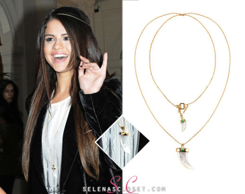 How cute is this House of Lavande Vintage Shark&#8217;s Tooth Necklace that Selena Gomez wore in Paris (and at LAX)? The necklace is from House of Lavande&#8217;s Resort collection and you can find it on their website for $475. <br /> Buy it HERE <br /> Note: In the picture, the necklace looks like it was wrapped around twice with 2 pendants but in reality, it is one long necklace. <br /> She wore this necklace with a dress/top by Thomas Wylde and Casadei shoes