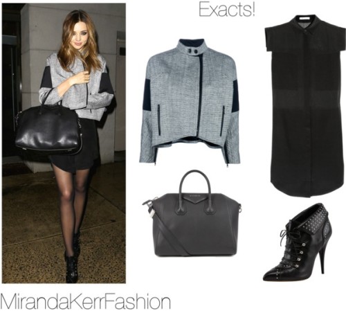 Miranda was heading out to dinner in NYC on saturday night wearing this Dries Van Noten jacket, this T by Alexander Wang shirtdress, her givenchy bag &amp; these pairs of Tabitha Simmons. You can get a pair of sheer tights from topshop here. xxx