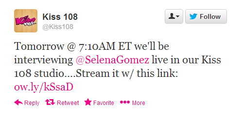Selena will be interviewing with Kiss 108 tomorrow at 7:10am est. Listen livehere.