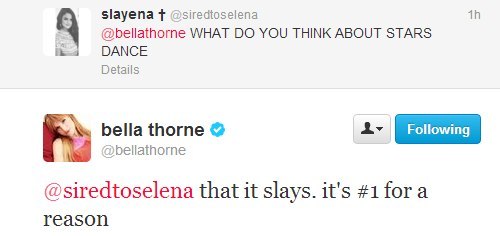 Bella Thorne answering a question about Selena’s album.