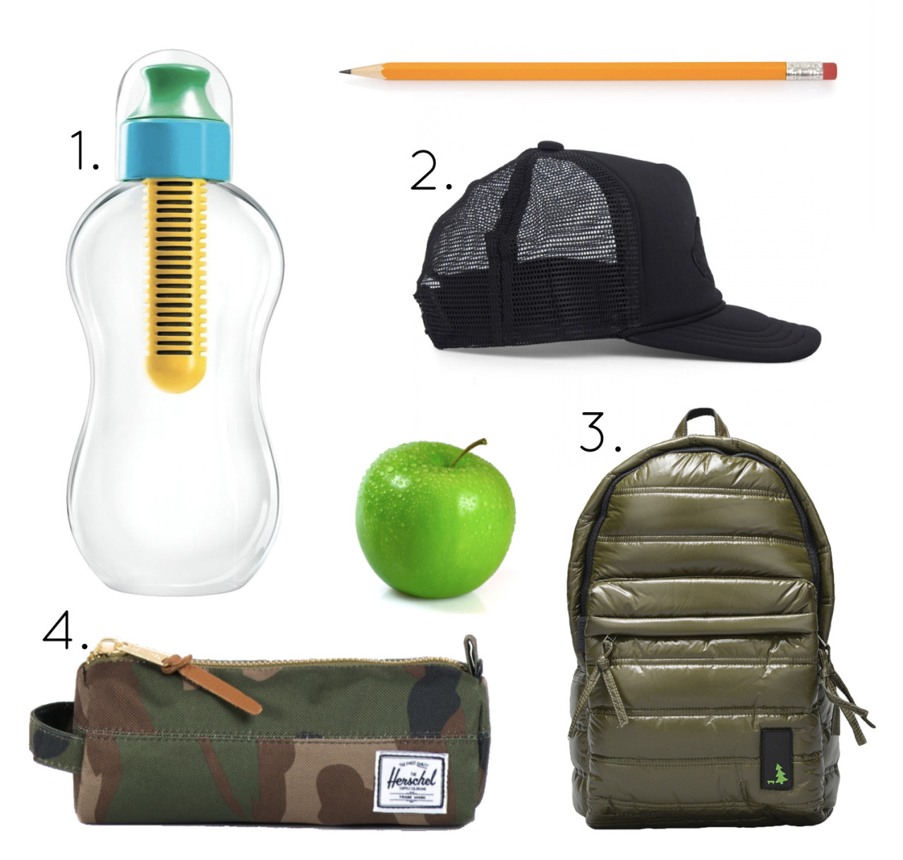 Just a few necessities for next weeks school start.
1. Filter water bottle by OXO TOT
2. Black catch trucker hat by Vans
3. Back pack by MUESLII @ Orange Mayonnaise
4. Settlement case by Herschel @ Orange Mayonnaise

We ♥ them