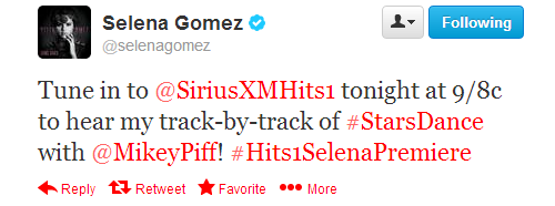 @selenagomez:Tune in to @SiriusXMHits1 tonight at 9/8c to hear my track-by-track of <a href=