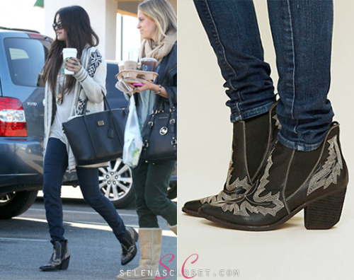 Selena Gomez caught up with friends for lunch today wearing a pair of Jeffrey Campbell Frontier Stitch Boots in color Black/White. These boots are currently on sale from $238 down to $169.95, and can be purchased from FreePeople.com <br /> Buy them HERE. <br /> She also held her Dolce &amp; Gabbana Bag. We&#8217;re still looking for the rest of her outfit.